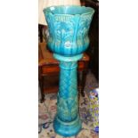 A Victorian blue majolica jardiniere on stand - 11