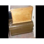 A small antique pine storage box, together with a