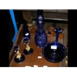A blue overlay glass decanter with stopper, etc.