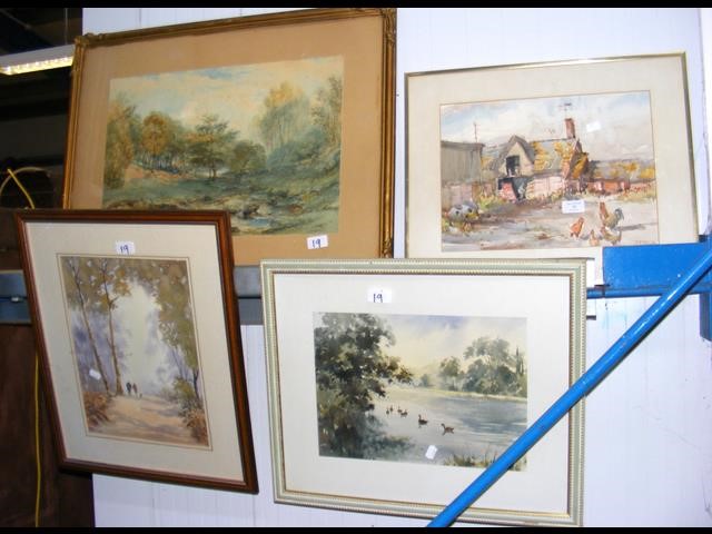 Four original watercolours, including farm scene