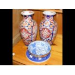 A pair of Imari vases together with an Oriental bo