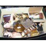 A shoe box of collectables, including compacts, et