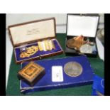 Various medals, silver one dollar coin 1880, etc.