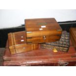 A rosewood writing slope, quill work box and one o