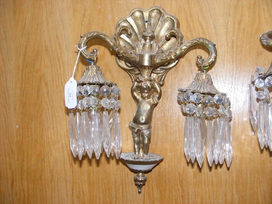 A pair of decorative gilt crystal drop wall lights - Image 2 of 10