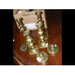 Antique brass candlesticks, weights