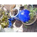 A pair of blue glazed garden pots, together with t