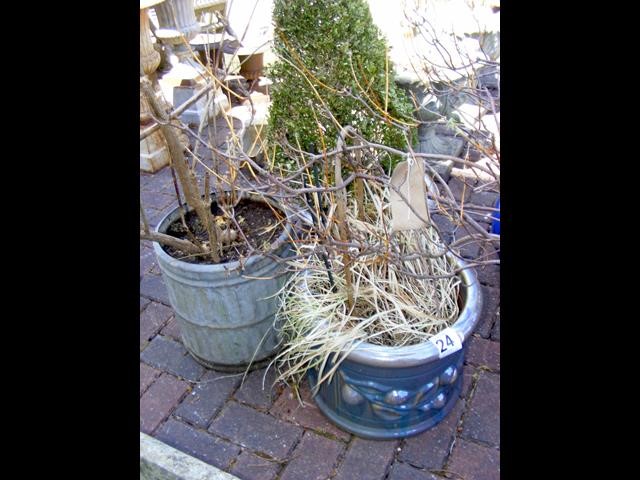 Two lustre ware glazed garden pots and a galvanize