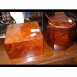 A burr wood octagonal cigar box together with anot