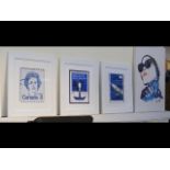 Three framed and glazed postage stamp prints in wh