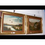 Two gilt framed oil paintings themed around duck h