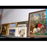A free-standing framed tapestry of fox hunting sce