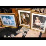 Three coloured prints in gilt frames