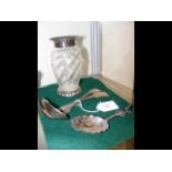 A silver rimmed and footed vase, ladles, etc.