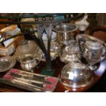 A selection of silver plated ware including tea po