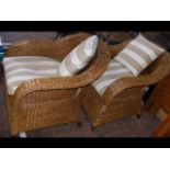 A pair of cane-work garden tub chairs with striped