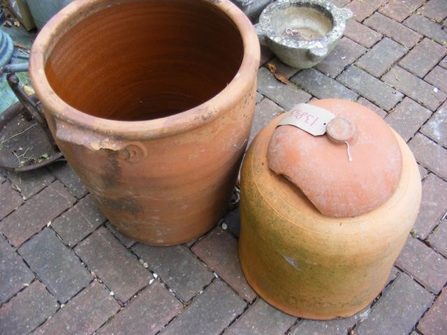 An old terracotta rhubarb forcer, together with a