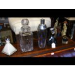 Various decanters and a vintage cocktail shaker et