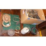 A sizeable lion door knocker in a box of assorted