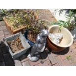 A brown glazed garden pot, together with five othe