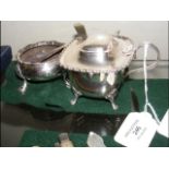 A large silver mustard pot with liner and spoon, t