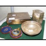 A silver plate cigarette case, silver bowl and pocket compass by Negretti & Zambra, etc.