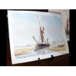 M G PEARSON - watercolour of Thames Barge in harbo