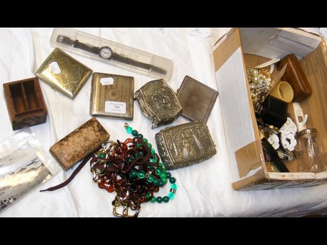 A box of costume jewellery, plated cigarette cases