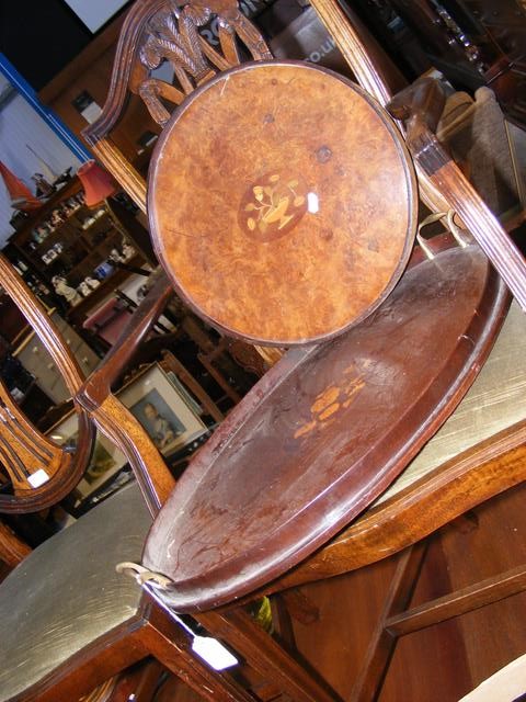 An Edwardian oval inlaid mahogany tray together wi