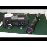 A monocular gun sighting scope together with a bin