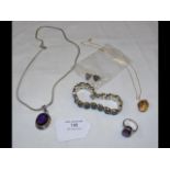 Amethyst and silver set - bracelet, ring, pendant