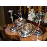 A plated cruet stand, entree dish and cover togeth
