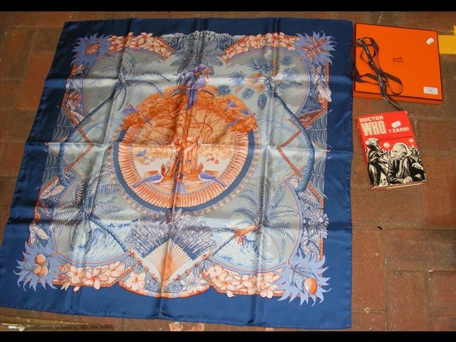 A Hermes scarf with blue leaf design, boxed, toget