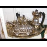 A silver plated four piece tea set, plated tray, t