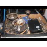 A box of plated items including flatware