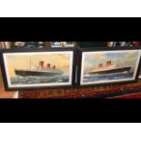 A coloured print - Cunard Line 'Queen Mary' and 'Q