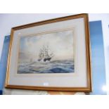 DAVID BELL - watercolour of three masted ship in r