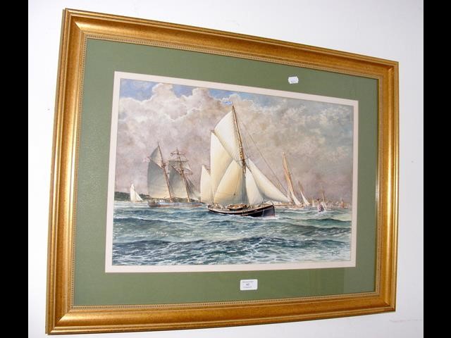 PETER LEATH - watercolour of ships racing in Cowes
