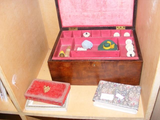 A mahogany sewing box etc