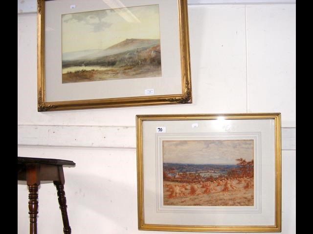 A watercolour of moorland heath scene, together wi