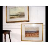 A watercolour of moorland heath scene, together wi