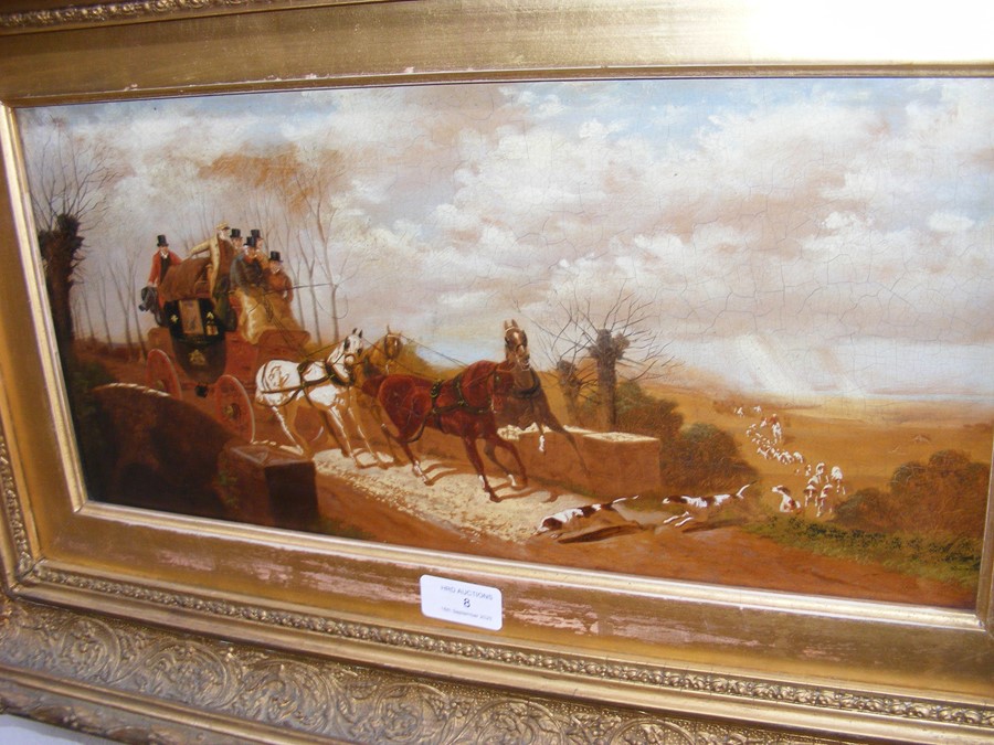 An oil on board of coaching and hunting scene in g - Image 2 of 6