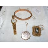 A 9ct gold bangle, brooches, wrist watch