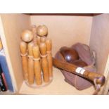 A set of wooden skittles, wooden truncheon togethe