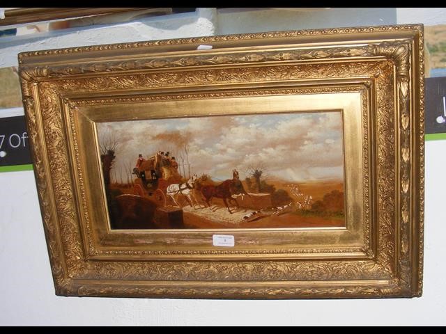 An oil on board of coaching and hunting scene in g