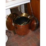 A copper warming pan, brass scuttle together with