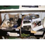 Two boxes of assorted jewellery, metal ware etc