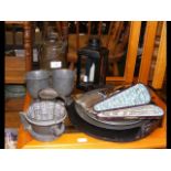 A medley of metal ware, including antique pewter p