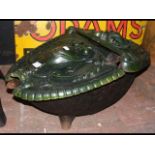 A cast and enamel French coal scuttle with shell a