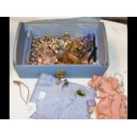 A box of costume jewellery, including necklaces, b